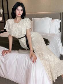 DAZY Women Ruffle Neck Sequin Decorated Party Dress Sundress Prom Dress - Gold - View 9