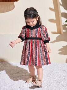 SHEIN Baby Girl Cute Colorblock Short Sleeve Summer Dress - Black - View 3