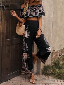 1 Set Tube Top And Long Pants With Printed Design - Black - View 6