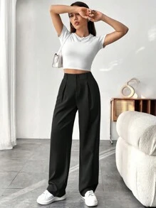 SHEIN Tall Quần ống đứng đơn sắc có túi xếp ly rộng rãi thường ngày cho nữ, đa năng - màu đen - Xem 5
