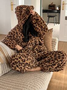 DAZY 法兰绒豹纹连帽连体衣，饰有可爱耳朵，保暖冬季睡衣，内衬保暖层，适合秋冬季节，蓬松舒适 - 摩卡棕 - 查看 7
