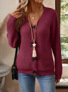 EMERY ROSE Women's Solid Color Minimalist Casual Sweater, For Daily Wear - Burgundy - View 3