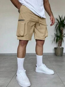 Manfinity Homme Men's Casual Solid Color Drawstring Waist Cargo Shorts, For Men, Men Shorts - Khaki - View 3