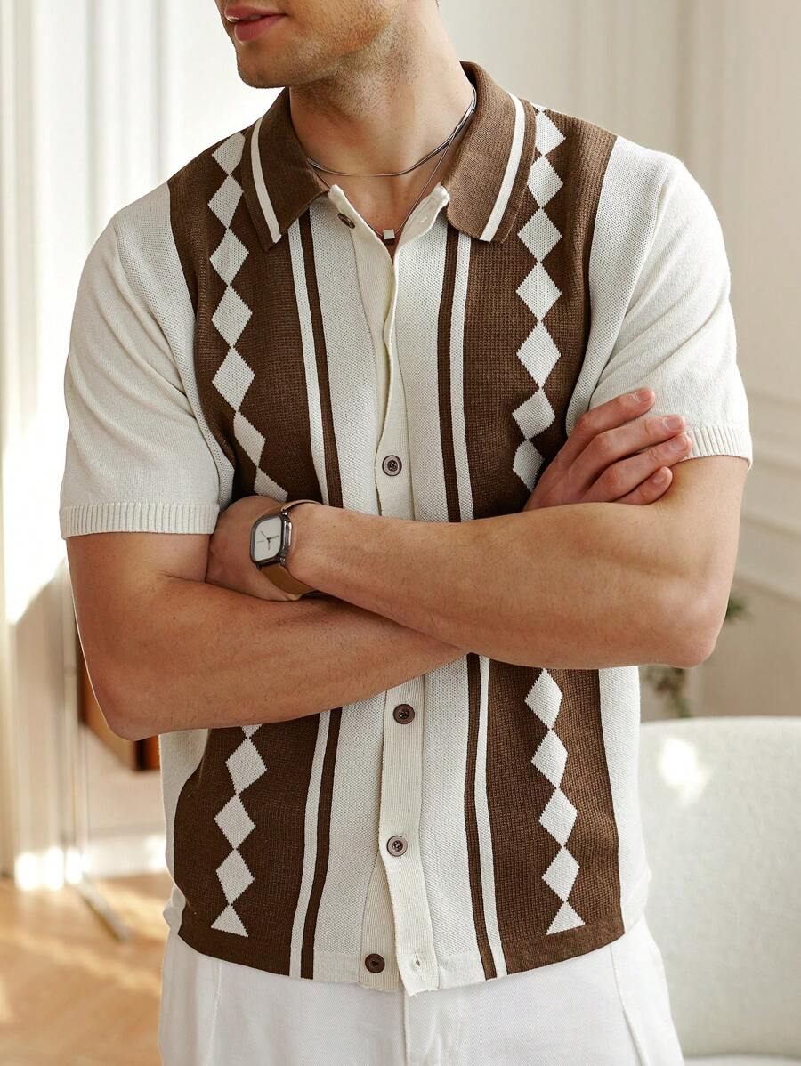 Manfinity Homme Men's Front Button Short Sleeve Graphic Minimal Casual Knit Top - Multicolor - View 1