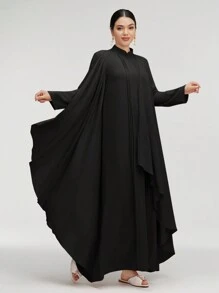 Graceveil Women Stand Collar Long Sleeve Pleated Elegant Arabian Modest Dress - Black - View 4