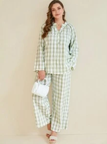 EMERY ROSE 2pcs Plus Size Textured Green & White Plaid Long Sleeve Top & Bottom Set, Spring Outfits - Green - View 4