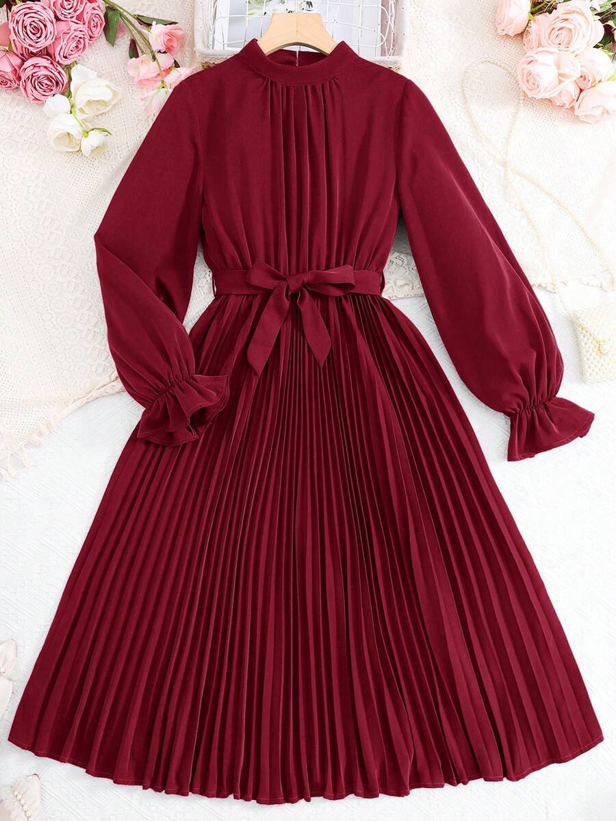 SHEIN Leap Crew 优雅纯色长袖腰部收褶连衣裙，适合青少年女孩的节日、派对和街头装，秋季 - 酒紅色 - 查看 1