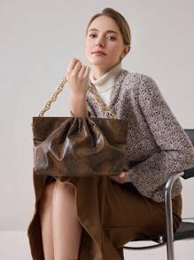 MOTF PREMIUM WOMEN SNAKE SKIN EMBOSSED RUCHED CHAIN CLUTCH - Brown - View 6