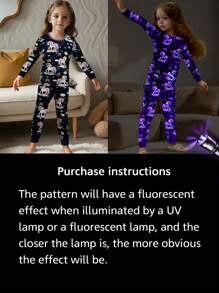 Young Girl Snug-Fit Unicorn Glow-In-The-Dark Print Pajama Set, Navy Blue, Long Sleeve Shirt & Trousers - Navy Blue - View 6