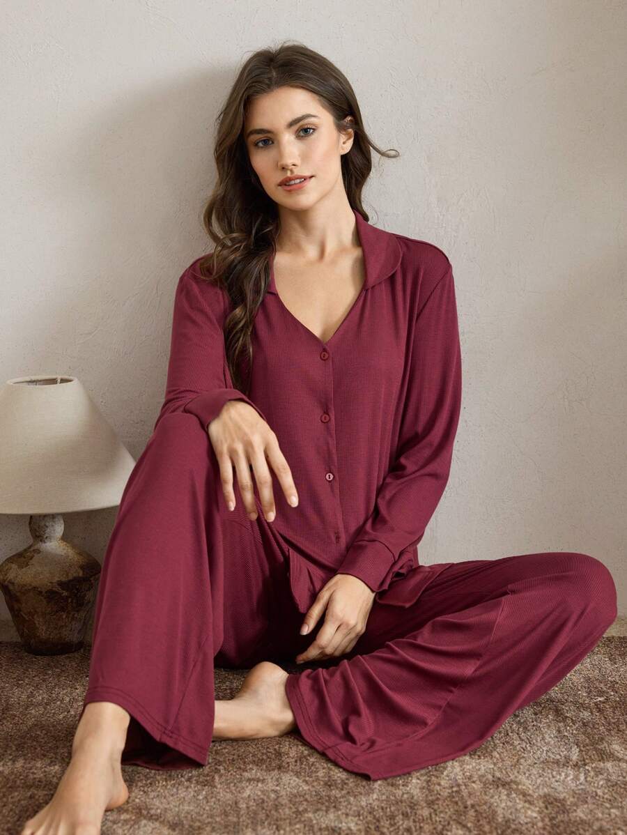 Ocili Bộ đồ ngủ nữ trơn màu, áo và quần, đồ mặc nhà đơn giản, thoải mái cho mùa lễ hội hàng ngày, trang phục ấm áp, quần áo thu đông - Gỗ đỏ - Xem 1