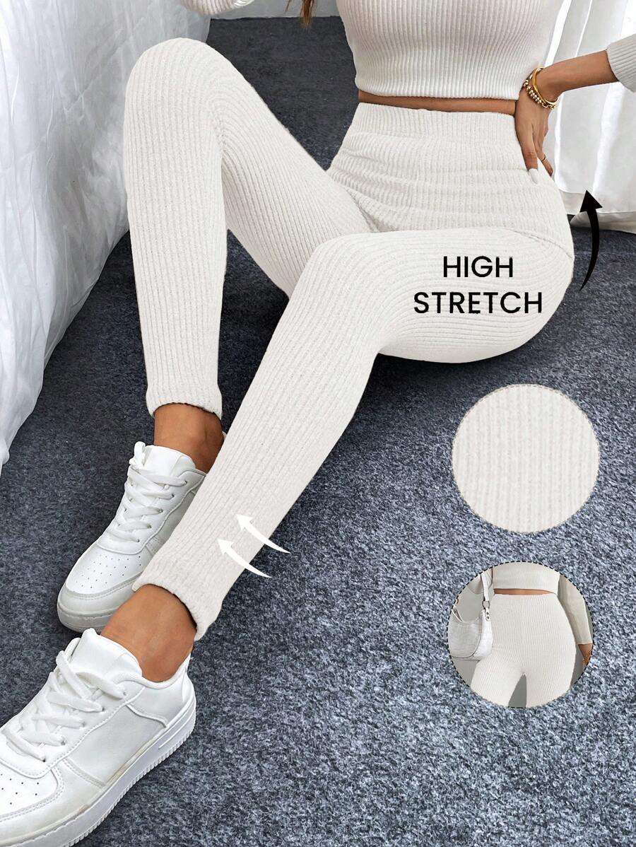 SHEIN LUNE Women High Waist Casual Ribbed Fleece Leggings