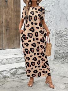 SHEIN LUNE Váy tay ngắn cổ tròn họa tiết da báo giản dị mùa xuân mới - màu nâu - Xem 5