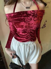 SHEIN Valentine's Day Youth Girls 2pcs Set Off Shoulder Velvet Ruched Long Sleeve Top And Bubble Shorts Casual Sweet Red Outfit