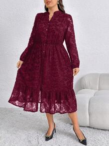 SHEIN Clasi 大码女式 V 领蕾丝长袖优雅秋季连衣裙 - 酒紅色 - 查看 4