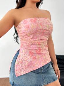 SHEIN EZwear Plus Size Ditsy Floral Vintage Ruched Tube Top For Summer - Orange - View 3