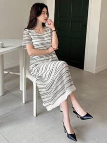 DAZY 女士圆领短袖条纹休闲长款连衣裙，带有度假气息的夏季太阳裙 - 米色 - 查看 4