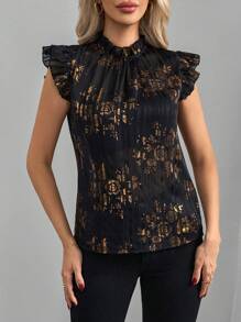 SHEIN Clasi 女士优雅褶皱荷叶边领金箔花卉印花盖袖修身衬衫 - 彩色 - 查看 4