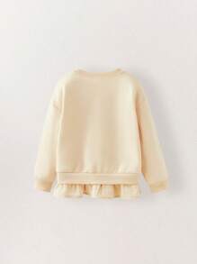 THE HAPPY LOOK Young Girls Cute Star Print Beige Drop Shoulder Sweatshirts With Ruffle Hem, Casual Everyday Whimsical Style - Beige - View 2