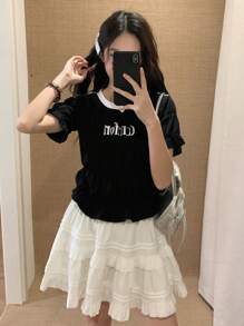 DAZY Women's Pleat Textured Letter Print Contrast Color Short Sleeve T-Shirt