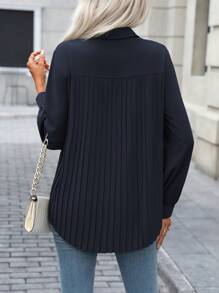 EMERY ROSE Women's Solid Color Casual Commuter Shirt With Turndown Collar, Front Placket, Back Pleats, Curved Hem, Long Sleeve Blouse, Suitable For Spring And Autumn Fall Cloth For Women - Navy Blue - View 2