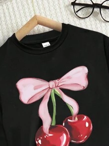 SHEIN 2pcs/Set Tween Girls Casual Bow & Cherry Graphic Print Short Sleeve Top And Pants Set, Summer - Black - View 3