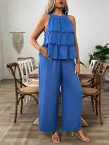 SHEIN LUNE New Sweet Ruffled O-Neck Sleeveless Blouse & Loose Pants Set - Blue - View 4