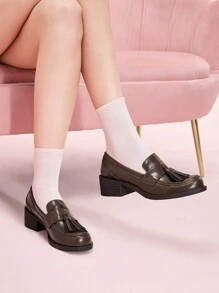 CUCCOO DOLLMOD Sepatu Loafer Wanita Ujung Bulat Hak Tebal Motif Bunga Cokelat Bahan PU Cokelat Kasual untuk Pesta Sehari-hari - Coklat - View 5