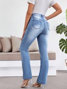 SHEIN Maternity Light Blue Denim Flare Leg Ripped Jeans,Casual Summer For Women,Beach,Brunch,Spring Break,Concert,Rave Festival,Country Concert,Nashville - Blue - View 2