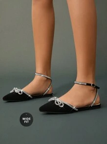 SHUZIA Zapatos planos negros de tira de tobillo y punta puntiaguda con detalles de lazo y rhinestones para mujer de ancho esencial - Calzado de primavera con correa trasera, elegante, cómodo y con estilo