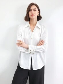BizChic Women's Satin Long Sleeve Blouse, White, Suitable For Youth, Spring/Summer , Christmas, New Year, Holiday, Thanksgiving - White - View 8
