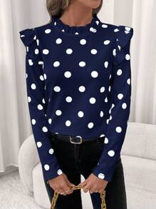 SHEIN Clasi 女式百搭优雅黑白圆点短袖荷叶边下摆 T 恤，秋冬款 - 藏蓝色 - 查看 6