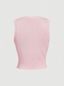 SHEIN MOD Women's Casual Pink Cable Knit V-Neck Letter Graphic Sweater Vest, Autumn/Winter - Pink - View 2