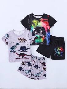 2pcs/Set Young Boys Casual Cute Dinosaur & Game Controller Print Matching Round Neck Short Sleeve T-Shirt & Shorts Set, 2 Outfit Combo For Summer - Multicolor - View 1