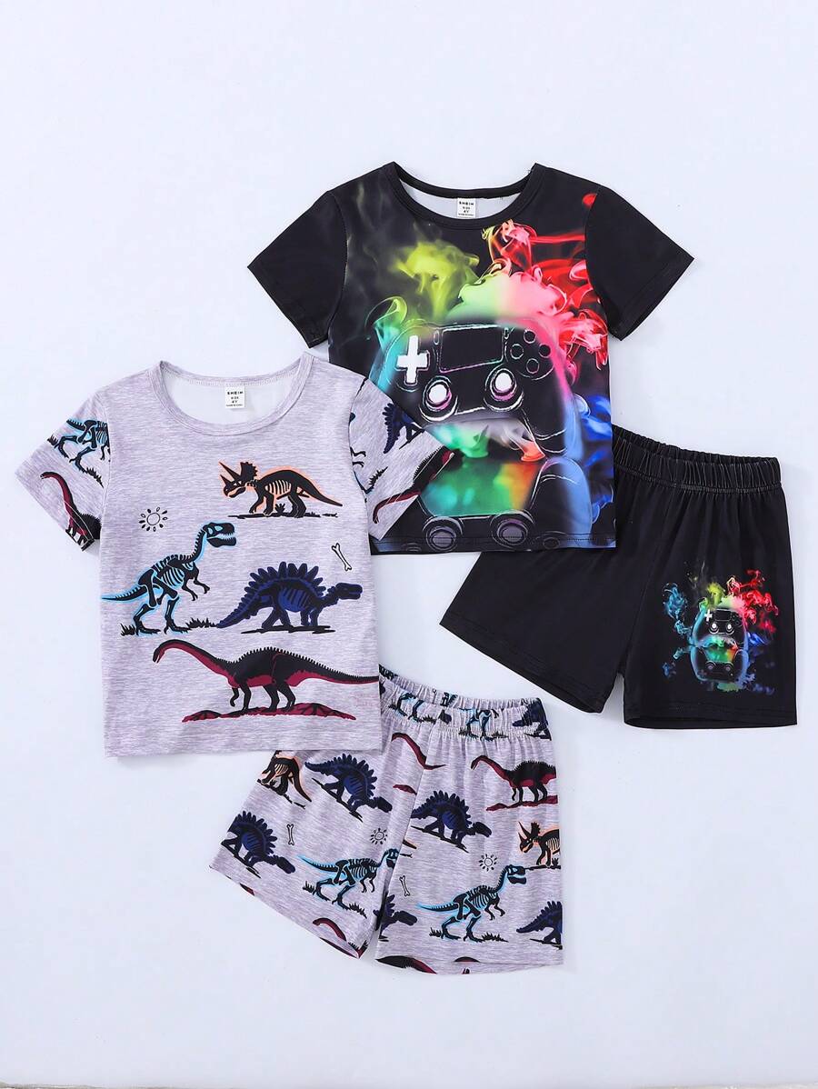 2pcs/Set Young Boys Casual Cute Dinosaur & Game Controller Print Matching Round Neck Short Sleeve T-Shirt & Shorts Set, 2 Outfit Combo For Summer - Multicolor - View 1