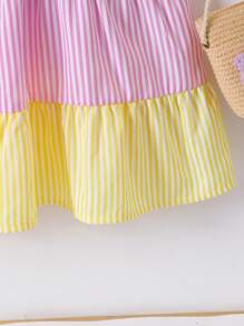 SHEIN Elladie kids Young Girl Casual Simplified Patchwork Striped Slip Dress, Cake Design, Summer Summer Holiday - Multicolor - View 4