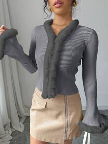 SHEIN Unity Women Turtleneck Contrasting Patchwork Long Sleeve Fitted Cardigan Sweater, Autumn/Winter Fall Cloth For Women - Dark Grey - View 4