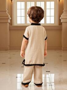 SHEIN Conjunto de niño bebé con camisa de manga larga y corta en el Ramadán, con pantalones largos, con encaje en el cuello, mangas y dobladillo, apto para todas las ocasiones en primavera y verano - Multicolor - Ver 2