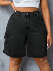 SHEIN Plus Size Button Front Pocket Design Casual Denim Shorts, Daily Wear - Dark Grey - View 6