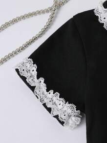 SHEIN 2件套女婴春夏优雅舒适樱桃印花蝴蝶结T恤和白色阔腿裤套装 - 黑與白 - 查看 8