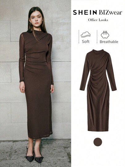 BizChic Women's Coffee Color Long Sleeve Casual Dress, Suitable For Urban Commute, Business, Elegant Party, Halloween, Christmas