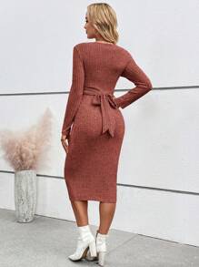 SHEIN 孕妇纯色圆领长袖紧身连衣裙 - 紅色 - 查看 3