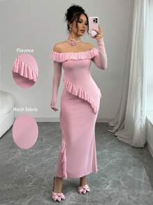 Chiquease Women's Off Shoulder Long Sleeve Mesh Splice Minimalist Bodycon Dress