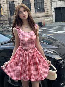 SHEIN Valentine's Day Plaid Bubble Dress For Teenage Girls, Red Color, Sweet & Cute, Suitable For Occasions, Mini Dress - Multicolor - View 6