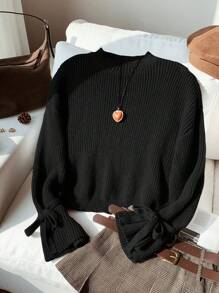 Comfortcana Women's Black Knit Sweater With Tie Cuffs, Mock Neck, Loose Fit For Casual And Everyday Wear