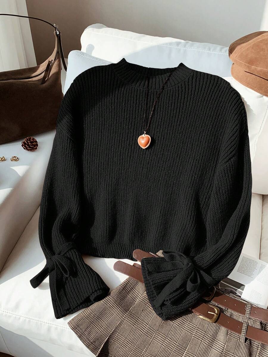 Comfortcana Women's Black Knit Sweater With Tie Cuffs, Mock Neck, Loose Fit For Casual And Everyday Wear