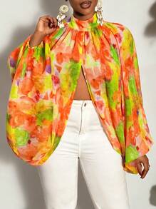 Slaydiva Plus Size Elegant Mock Neck Ruched Semi-Sheer Loose Camel Long Sleeve Blouse Top For Fall - Multicolor - View 4