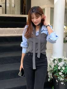 DAZY Women's Regular Collar Patchwork 2 In 1 Long Sleeve Shirt, Blue, Spring/Summer/Autumn,Fall Women Clothes - Blue - View 8