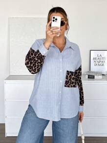 SHEIN Essnce Lässig gestreiftes Hemd für Damen in Große Größen, Leopard Muster Langarm-Oberteil