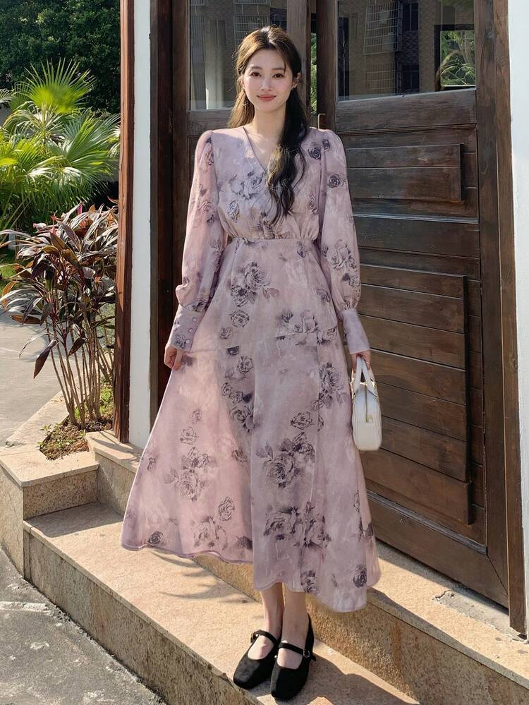 Women's V-Neck Floral Print Long Sleeve Mid-Length Dress, Spring & Fall, Valentine's Day