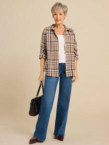 SHEIN LUNE 女士休闲单排扣长袖宽松衬衫，秋季 - 卡其色 - 查看 2